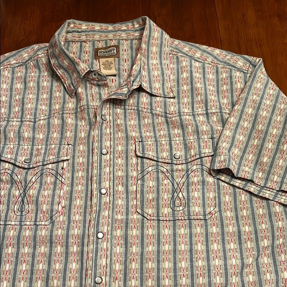 C. E. Schmidt Work Wear Blue Casual Pearl Snap Shirt Stripes Western Style 2XL